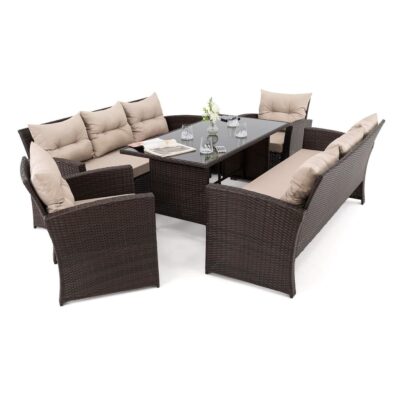 Lauko baldų komplektas FLORIDA 8 BD | Technoratanas | Rudas | Pagalvės smėlio 01