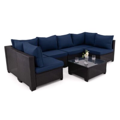 Lauko baldų komplektas LIVANI | Technoratanas | Juodas | Pagalvės Navy blue