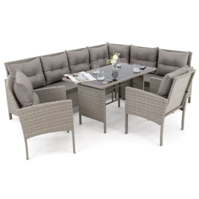 Lauko baldų komplektas PALMERA BIG | Technoratanas | Šviesiai pilkas | Pagalvės pilkos 01