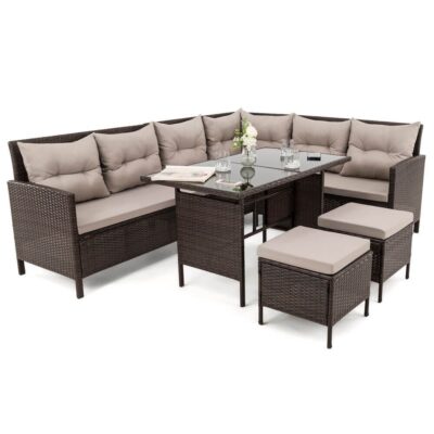 Lauko baldų komplektas PALMERA | Technoratanas | Rudas | Pagalvės pilkos 03